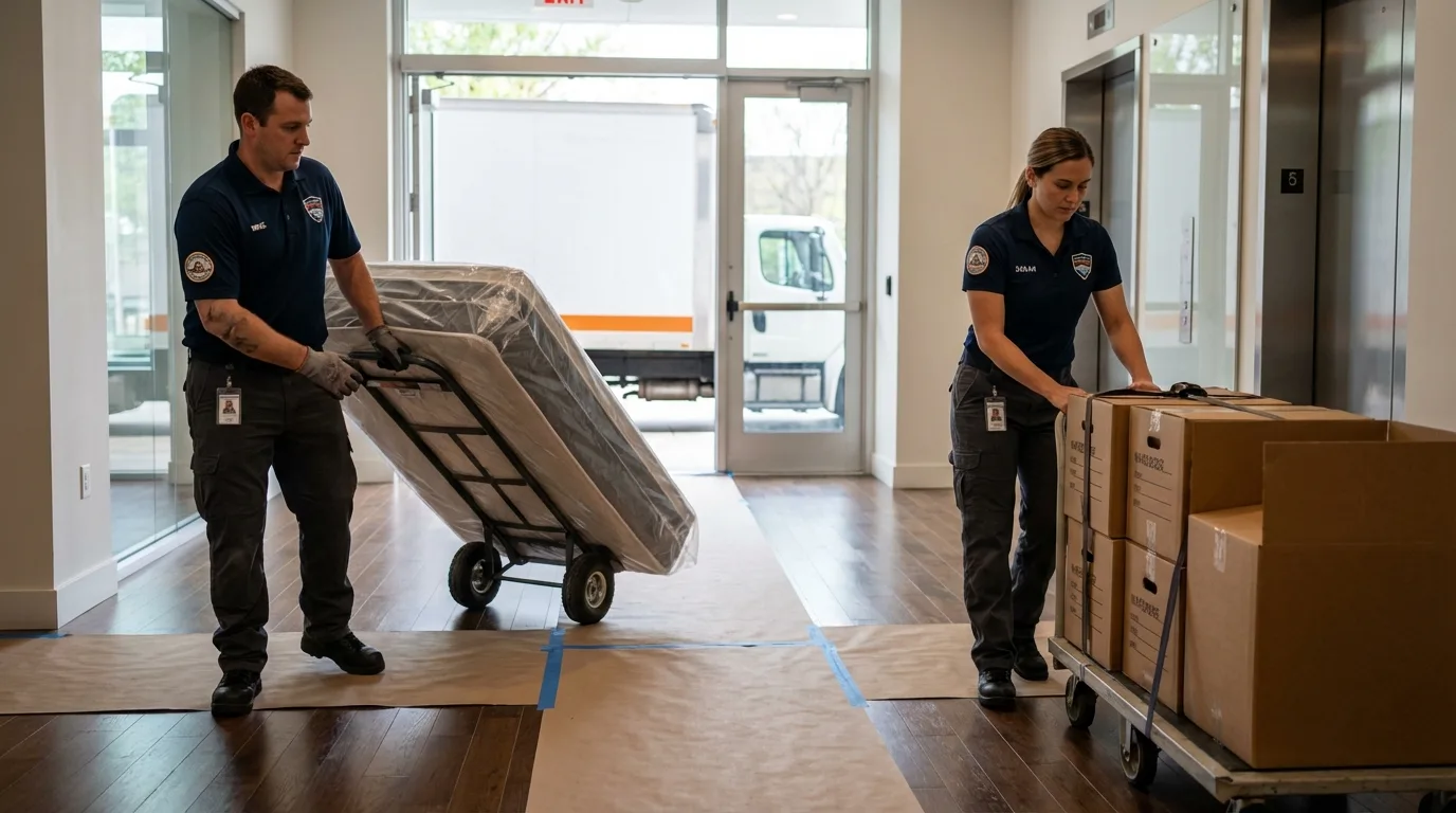 Professional apartment movers loading elevator in Jayuya, PR